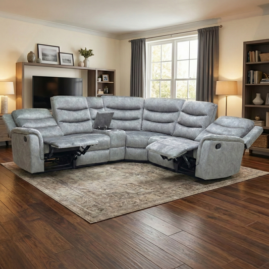 ‘Polly’ Dapple Grey Velvet Manual Recliner 2 Corner 2 Sofa with Cup Holder Console