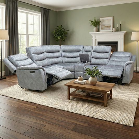 ‘Polly’ Dapple Grey Velvet Power Recliner 2 Corner 2 Sofa with Cup Holder Console