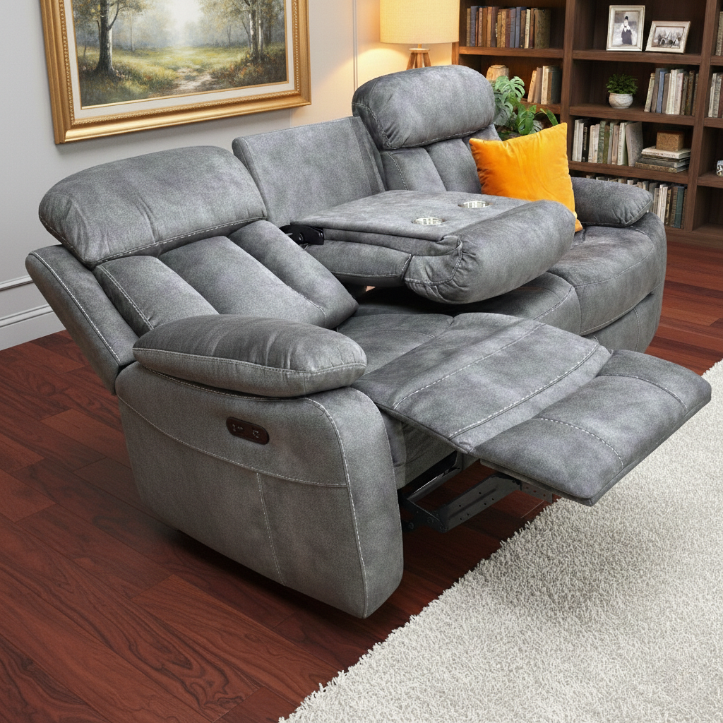 ‘Merrion’ Dapple Charcoal Fabric 3 Seater Power Recliner with Drop Down Cup Holder Direct From Manufacturer