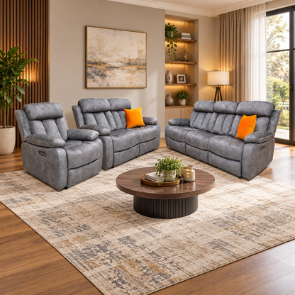 'Merrion' Dapple Charcoal Fabric 3 + 2 Seater Power Reclining Sofa Set with Drop-Down Cup Holders & Power Chair