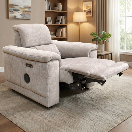 Living room of the 'Genius' media chair in Nutmeg fabric, highlighting the integrated controls and speakers.