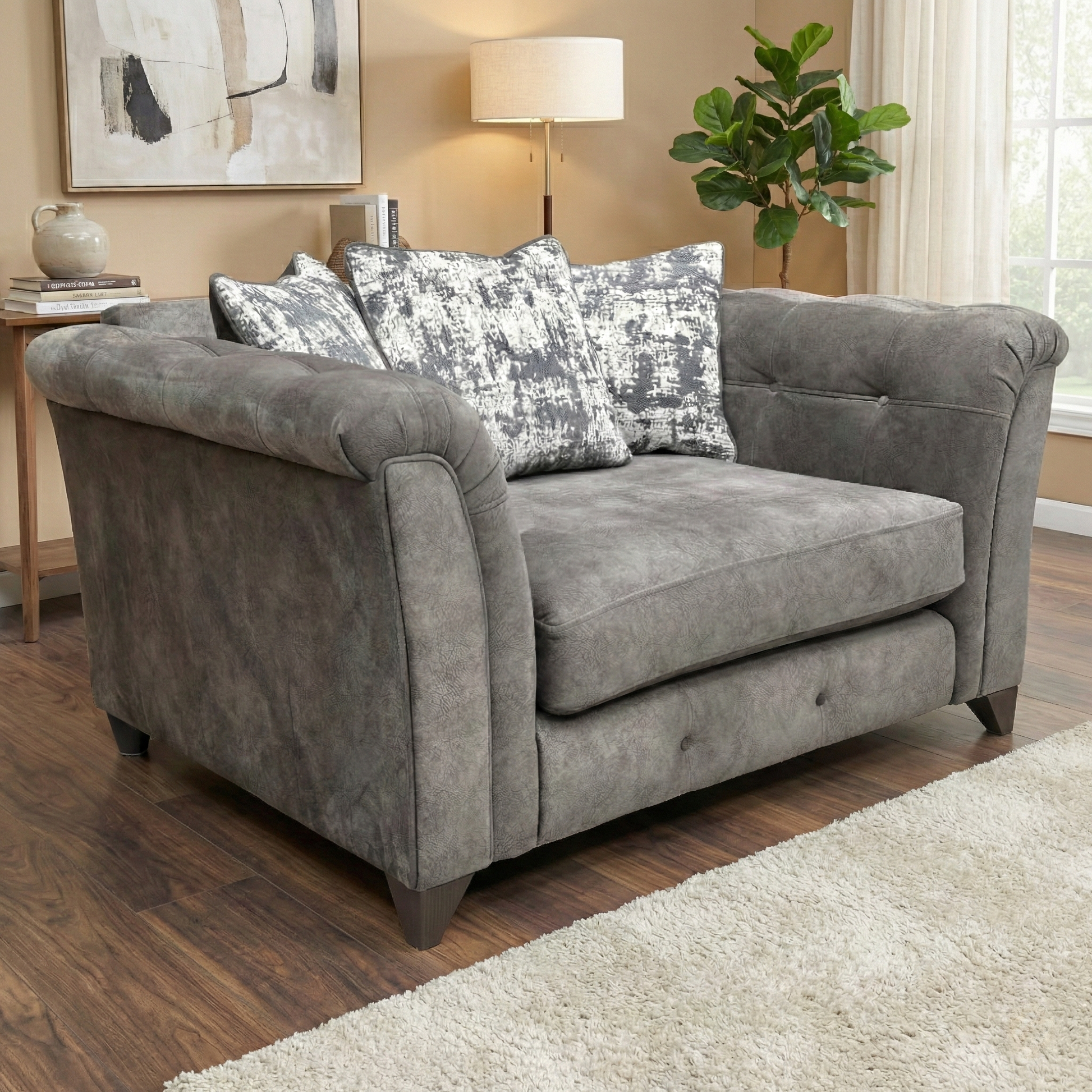 Living Room view of the mink velvet love chair highlighting the plush scatter back cushions and wide seating area.