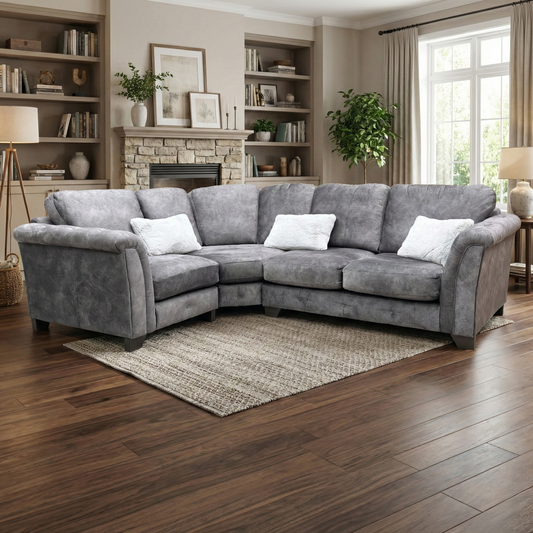 Living Room the Boutique ‘Aura’ Corner Sofa, highlighting DuoFlex seat cushioning, Mink velvet upholstery, and UK craftsmanship.