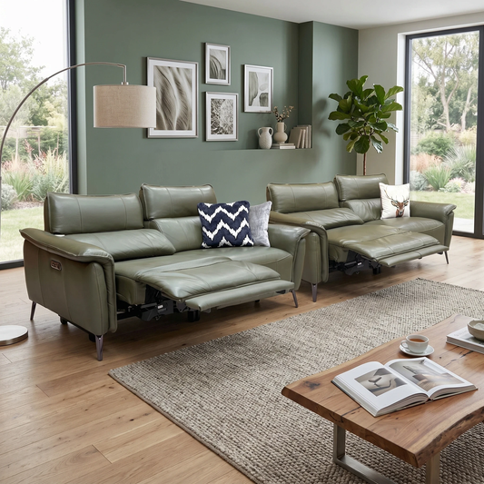 'Jude' Oslo Pine Green Leather 3 + 3 Seater Power Recliner Sofa Set with Telescopic Headrests
