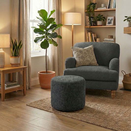 Living Room shot of the ‘Oslo’ charcoal footstool, highlighting its clean lines and durable fabric texture