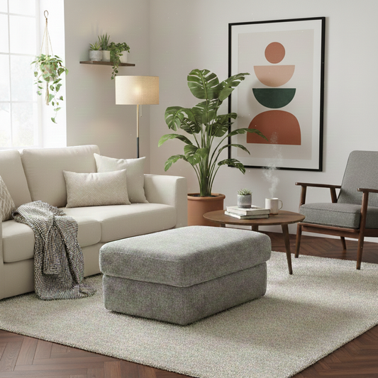 Living Room shot of the ‘Avena’ grey fabric footstool, highlighting its low profile and contemporary aesthetic.