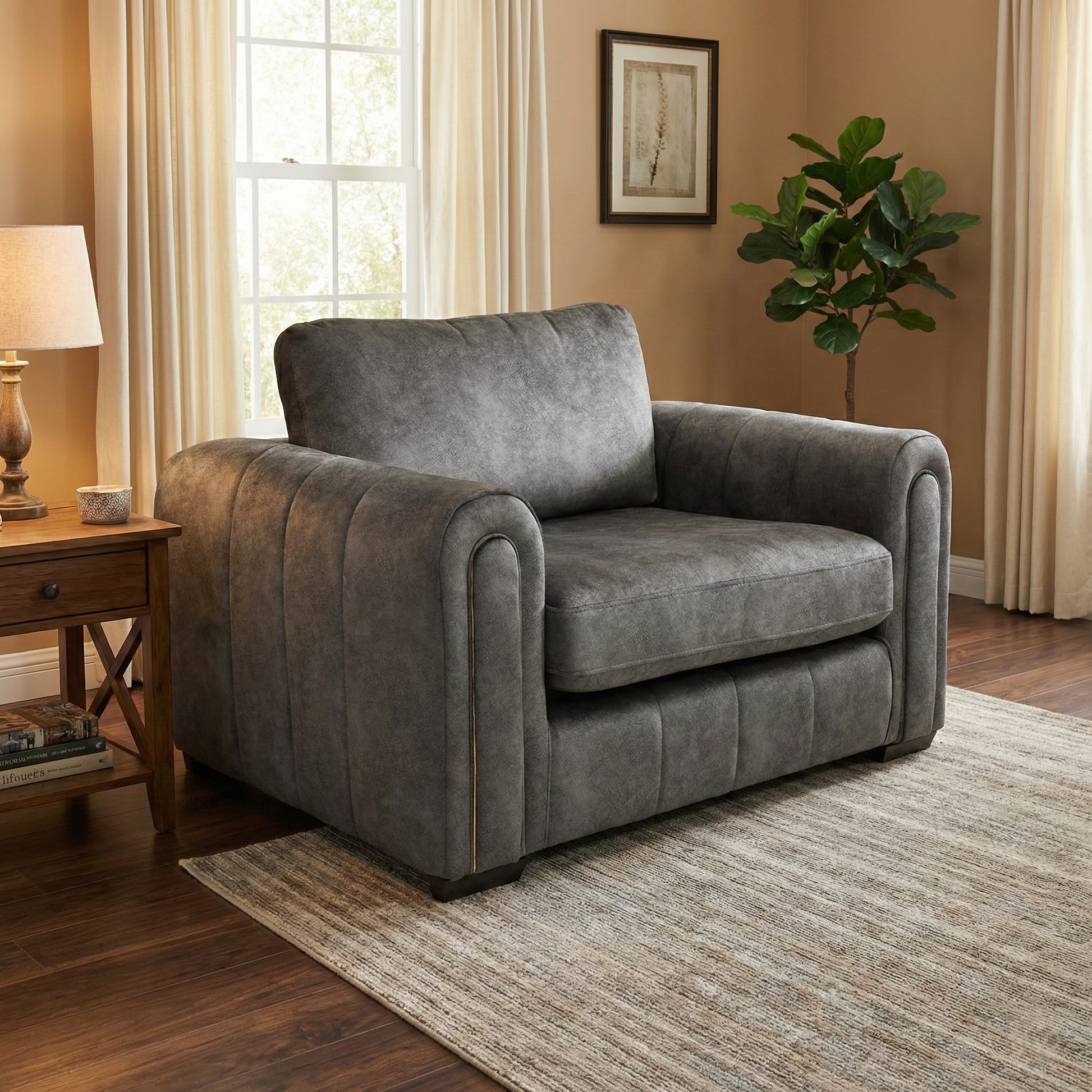 Living Room shot of the ‘Amara’ charcoal velvet chair, highlighting its compact and inviting silhouette for two.