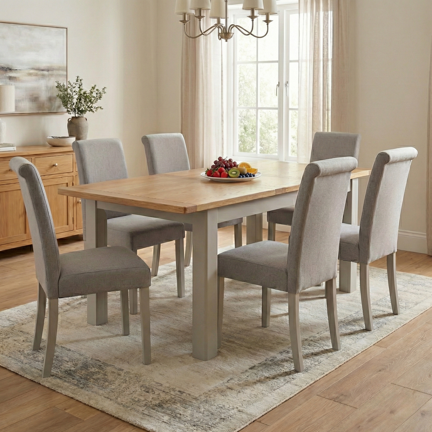 Lifestyle shot of the ‘Lewis’ dining table styled in a modern, bright dining room setting.