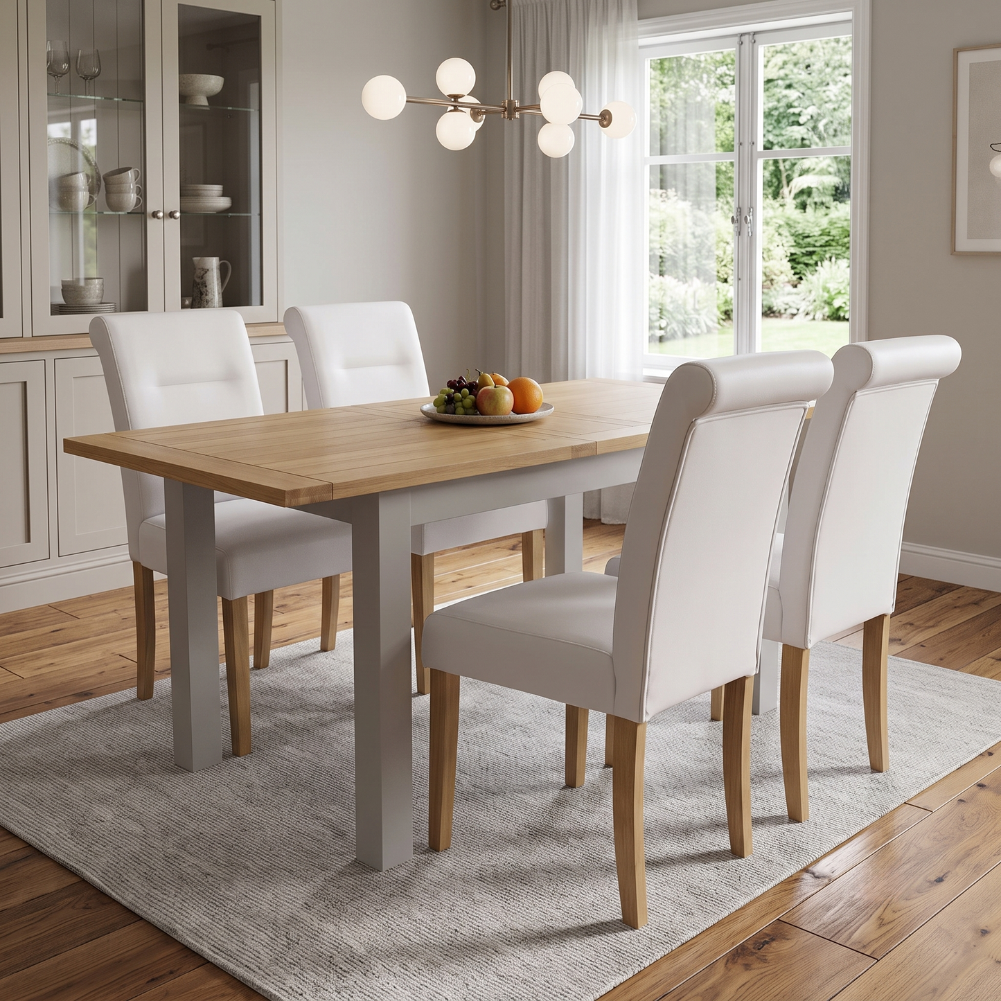‘Lewis’ Rectangular 160cm Extending Dining Table with Light Grey Faux Leather Roll Back Fixed Dining Chairs - Set of 4 Furniture Village