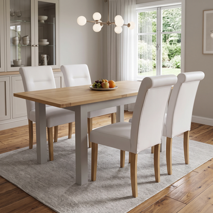 ‘Lewis’ Rectangular 160cm Extending Dining Table with Light Grey Faux Leather Roll Back Fixed Dining Chairs - Set of 4 Furniture Village