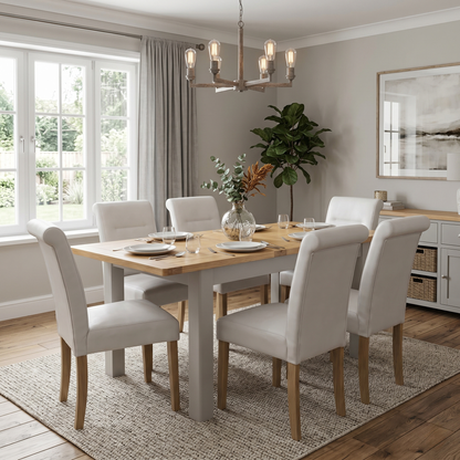 ‘Lewis’ Rectangular 160cm Extending Dining Table and 6 Light Grey Roll Back Faux Leather Chairs Dining Set