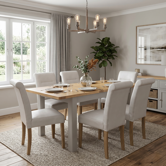 ‘Lewis’ Rectangular 160cm Extending Dining Table and 6 Light Grey Roll Back Faux Leather Chairs Dining Set