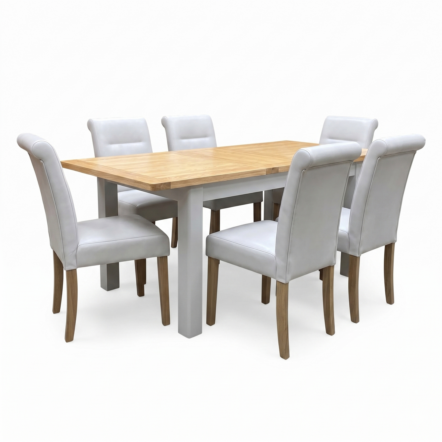 ‘Lewis’ Rectangular 160cm Extending Dining Table and 6 Light Grey Roll Back Faux Leather Chairs Dining Set