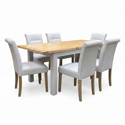 ‘Lewis’ Rectangular 160cm Extending Dining Table and 6 Light Grey Roll Back Faux Leather Chairs Dining Set