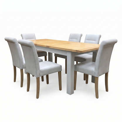 ‘Lewis’ Rectangular 160cm Extending Dining Table and 6 Light Grey Roll Back Faux Leather Chairs Dining Set