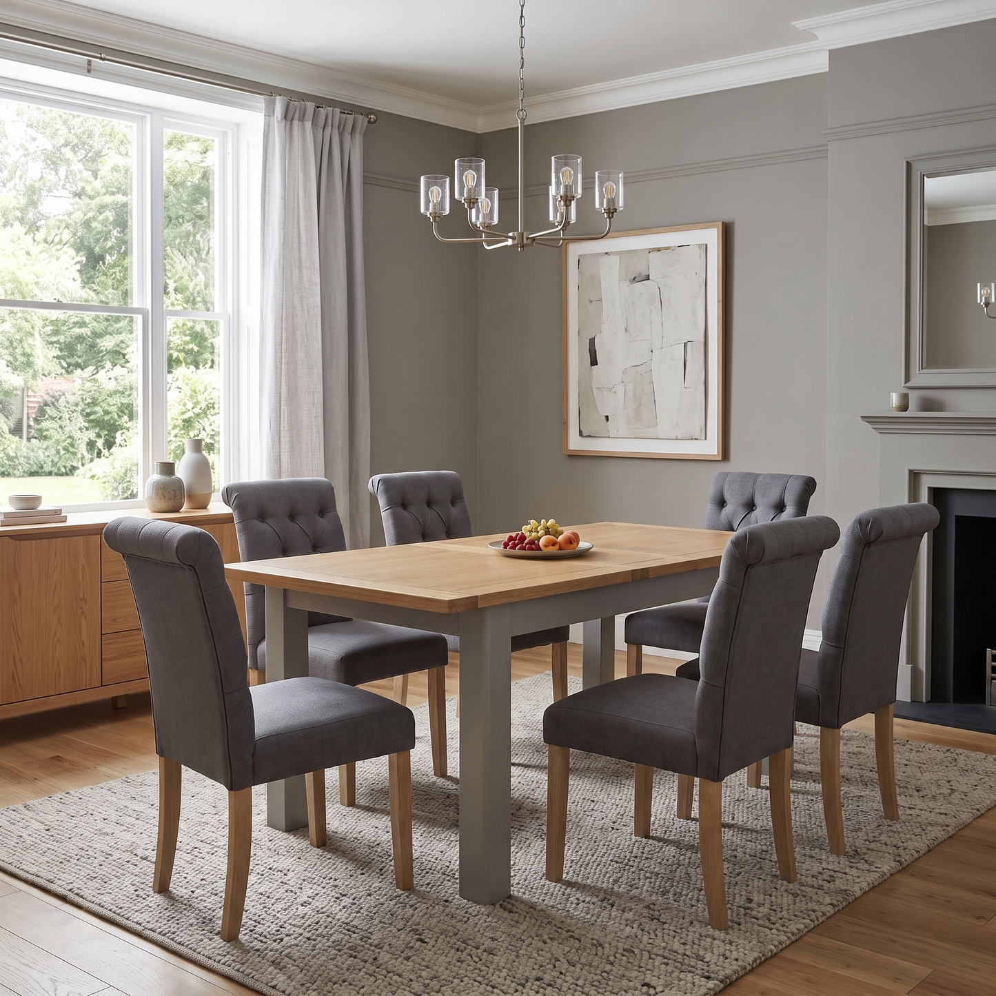 ‘Lewis’ Rectangular 160cm Extending Dining Table with Anthracite Grey Fabric Set of 6 Button Back Chairs