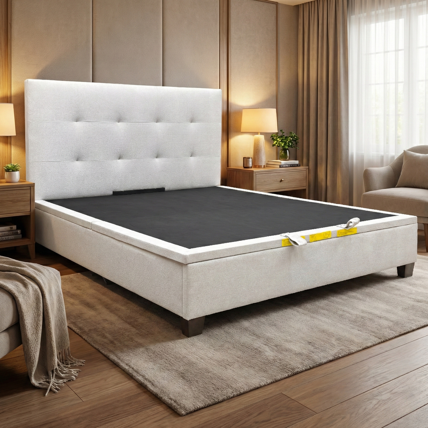 Living Room the ‘Hadley’ Oatmeal Ottoman Bed, highlighting its gas-lift storage, Super King sizing, and neutral fabric finish.