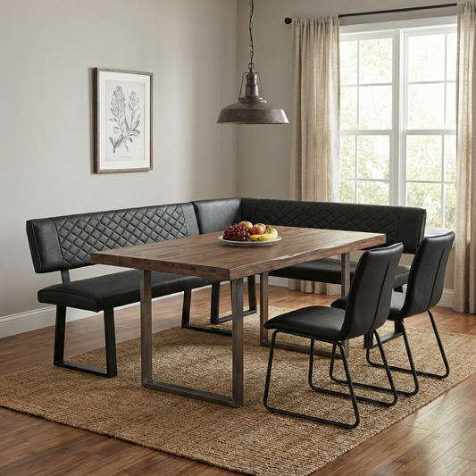 Dining room view of the ‘Warrior’ grey bench, highlighting the right-hand facing L-shape configuration.
