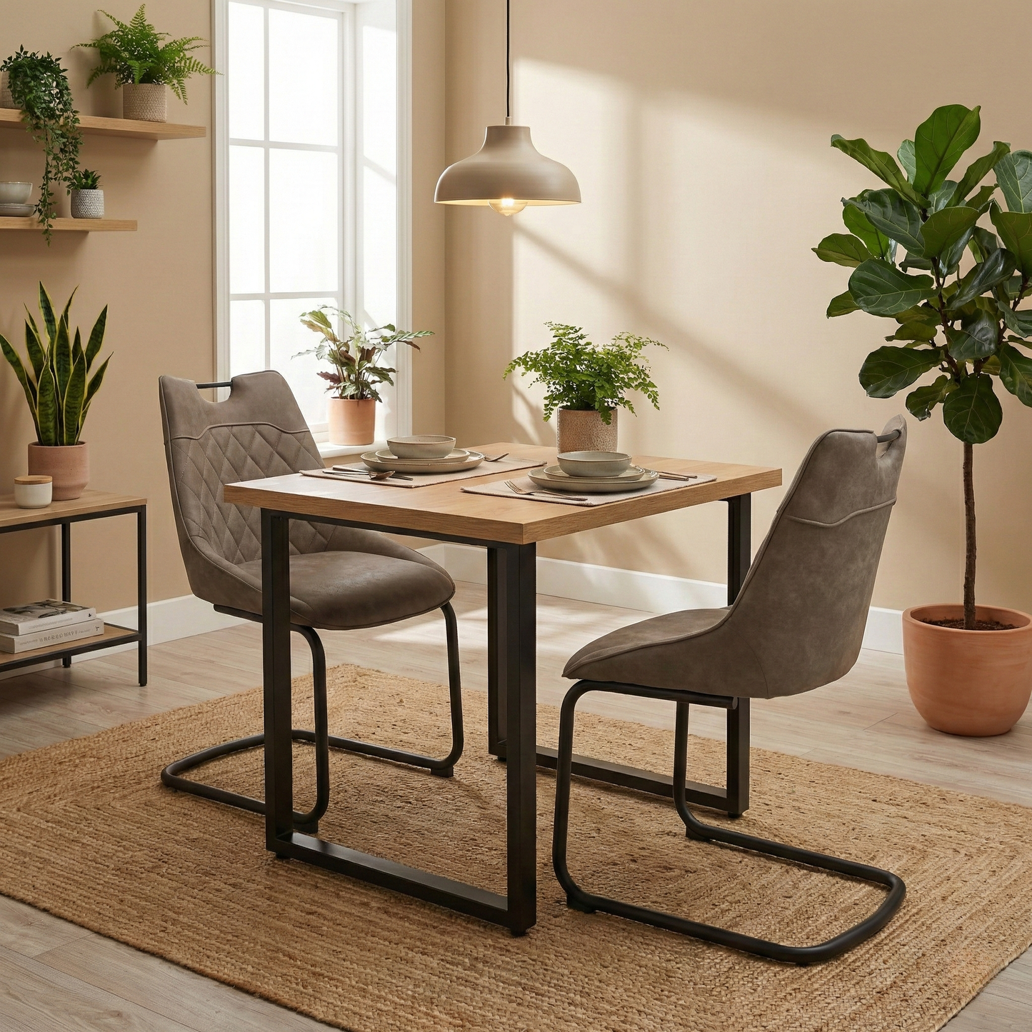 Living Room view of the taupe dining chair highlighting the curved back and cantilever base.