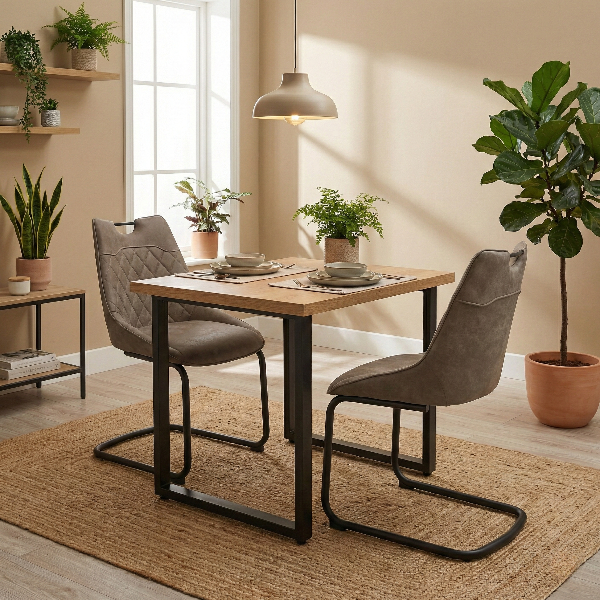 Living Room view of the taupe dining chair highlighting the curved back and cantilever base.