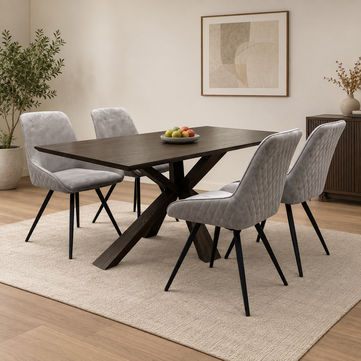 'Saigon' Dark Oak Veneer Wood Fixed Dining Table with Wooden Base & Granite Grey velvet Fabric Set of 4 Dining Chairs
