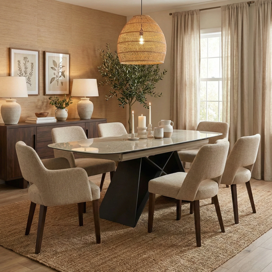 Living room of the ‘Oasis’ Dining Table, detailing its heat-resistant ceramic surface and easy-to-use pop-up extension mechanism.