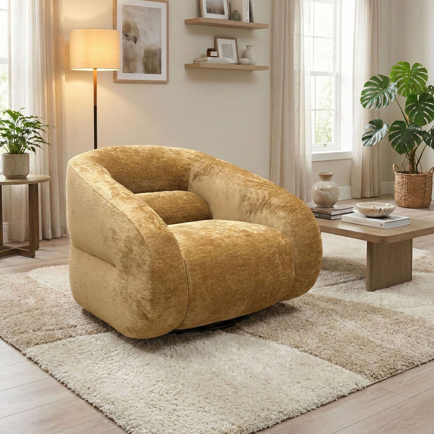 Living Room view of the mustard yellow swivel chair, highlighting its compact design and deep-cushioned seating.