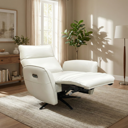 Living Room shot of the ‘Francisco’ leather armchair in a modern, brightly lit home interior.