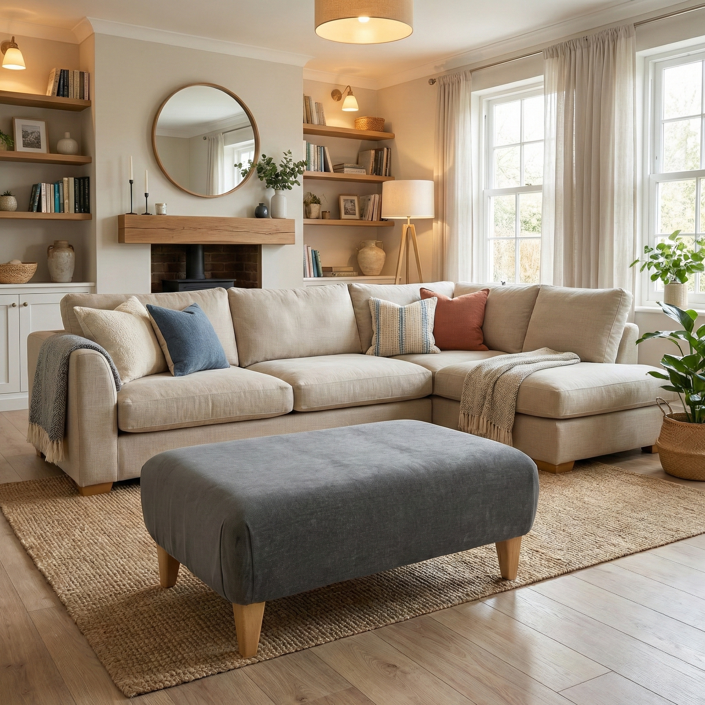 Living Room view of the Garda Carbon footstool highlighting the spacious, flat upholstered top surface.