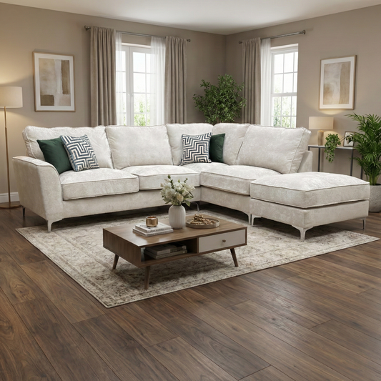 Living Room view of the silver fabric corner sofa, highlighting the right-hand facing chaise and deep seating.