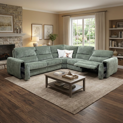 Living Room view of the forest green corner sofa highlighting the spacious L-shaped design.