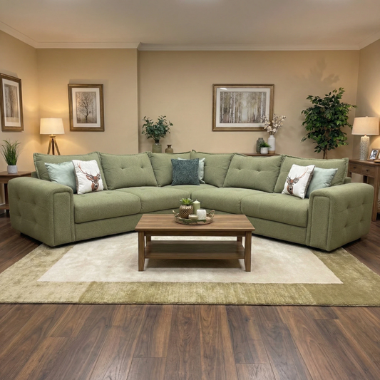 Living Room view of the moss green fabric sofa, highlighting the spacious L-shaped design and clean lines.