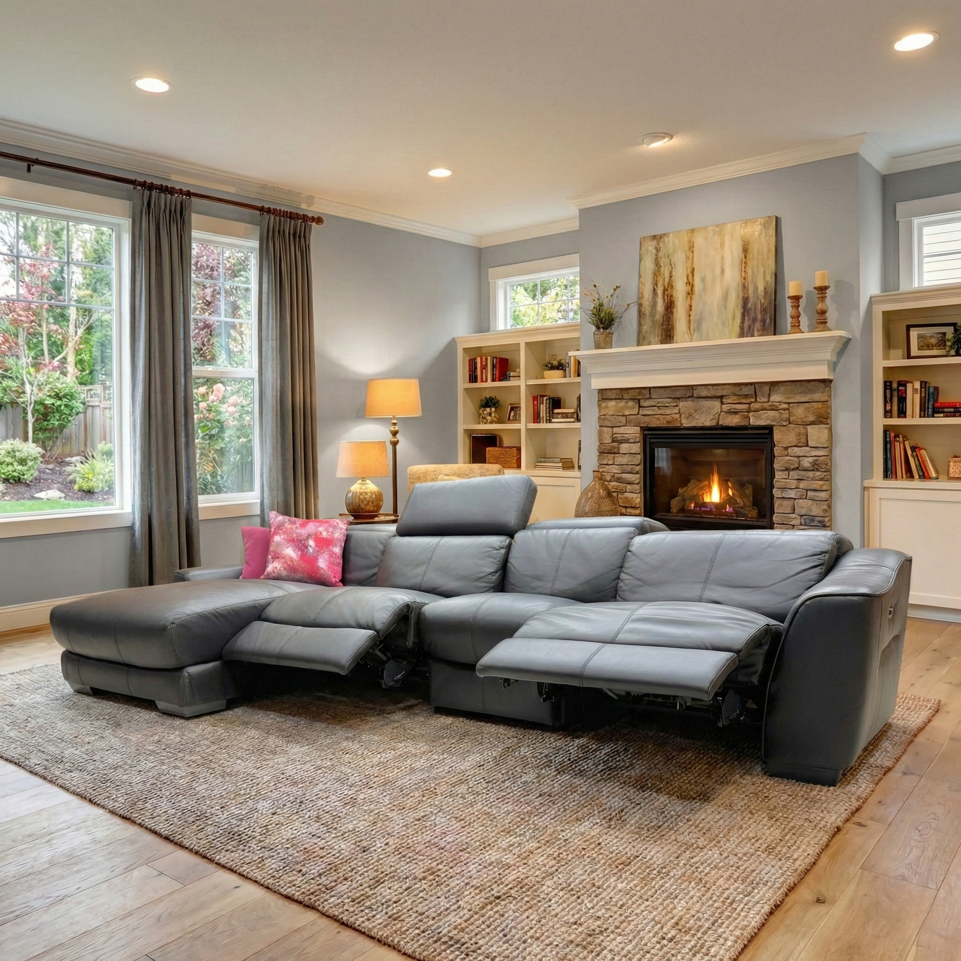 Living Room view of the ‘Xavier’ modular sofa set, including the armless units and extended chaise lounge.