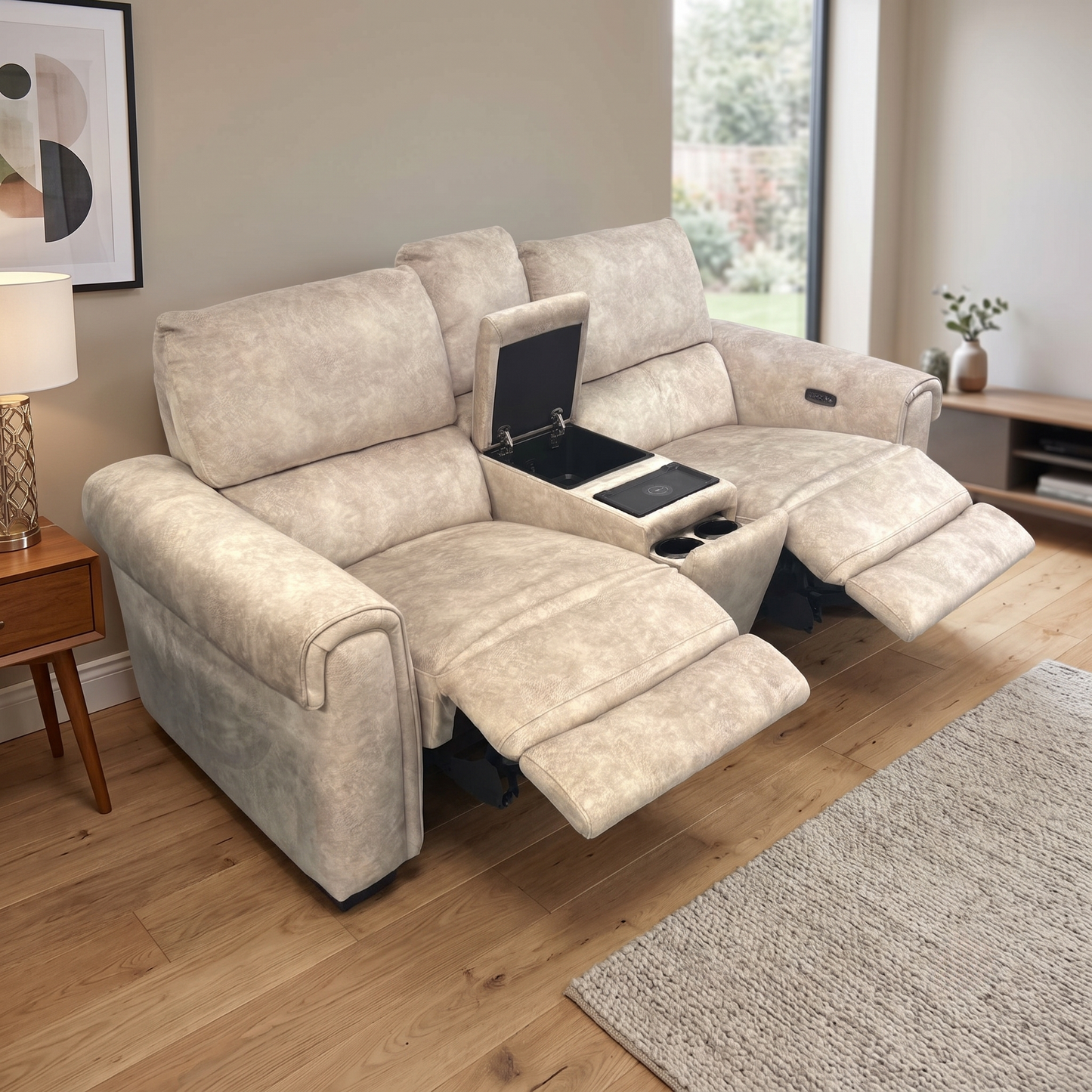 ‘Nixon’ Bfa-Bnn-R26 Cream Velvet 2 Seater Power Recliner Sofa with Cupholder Power Console