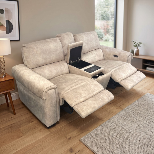 Styled upscale home cinema living room lifestyle layout featuring the Nixon cream velvet 2-seater power recliner console sofa arranged as a luxurious centerpiece.