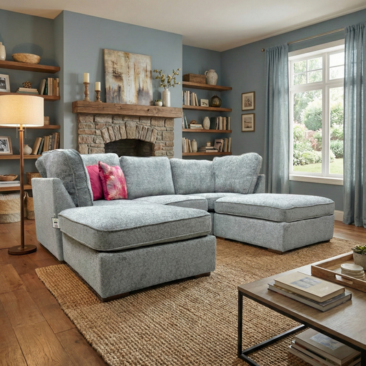 Lifestyle view of the dolphin grey hopsack chenille sofa, highlighting the spacious U-shaped layout.