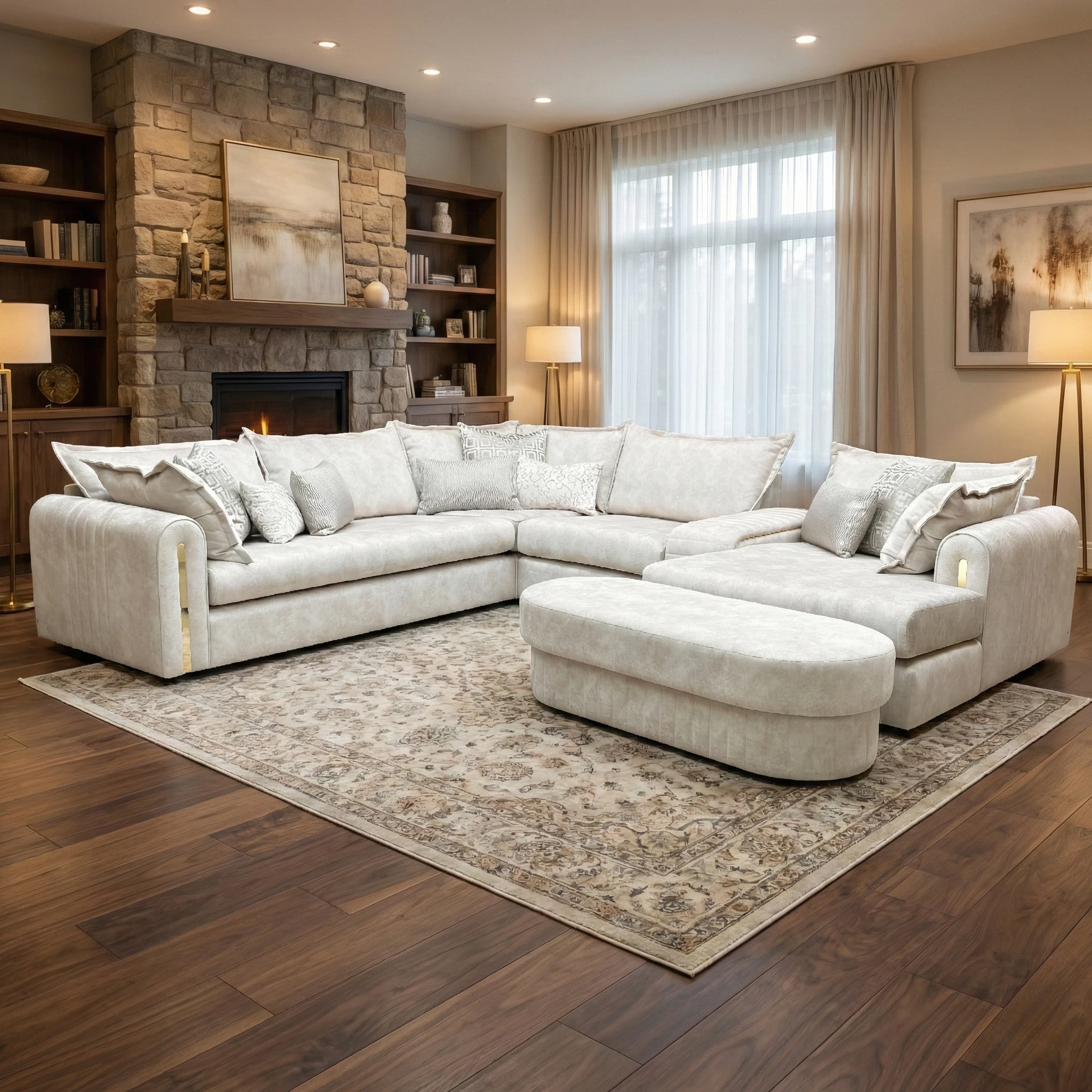 Living Room view of the dapple cream velvet chaise sofa, highlighting the elegant marble-effect upholstery and gold base detailing.