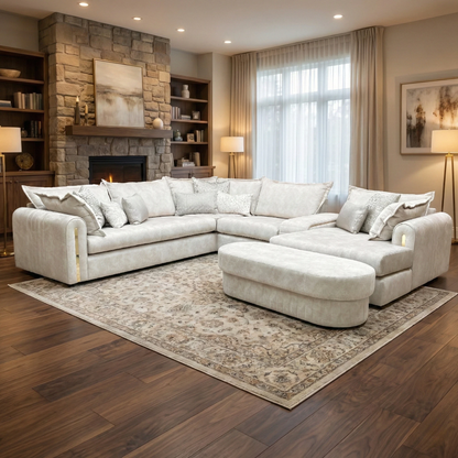 Living Room view of the dapple cream velvet chaise sofa, highlighting the elegant marble-effect upholstery and gold base detailing.