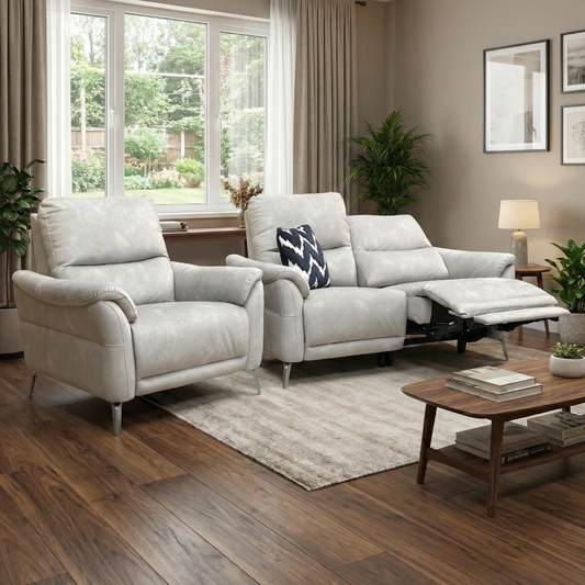 Living Room view of the stone grey velvet 2-seater sofa, highlighting its contemporary design and clean lines.