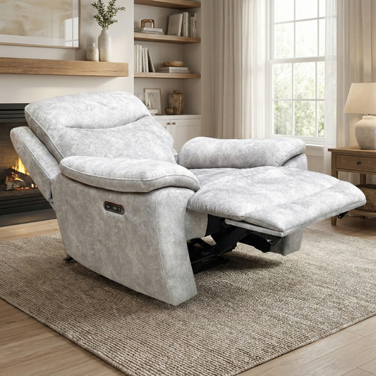 Living Room Shot the ‘Sloane’ Recliner, highlighting the motorized reclining function, soft velvet upholstery, and contemporary style.