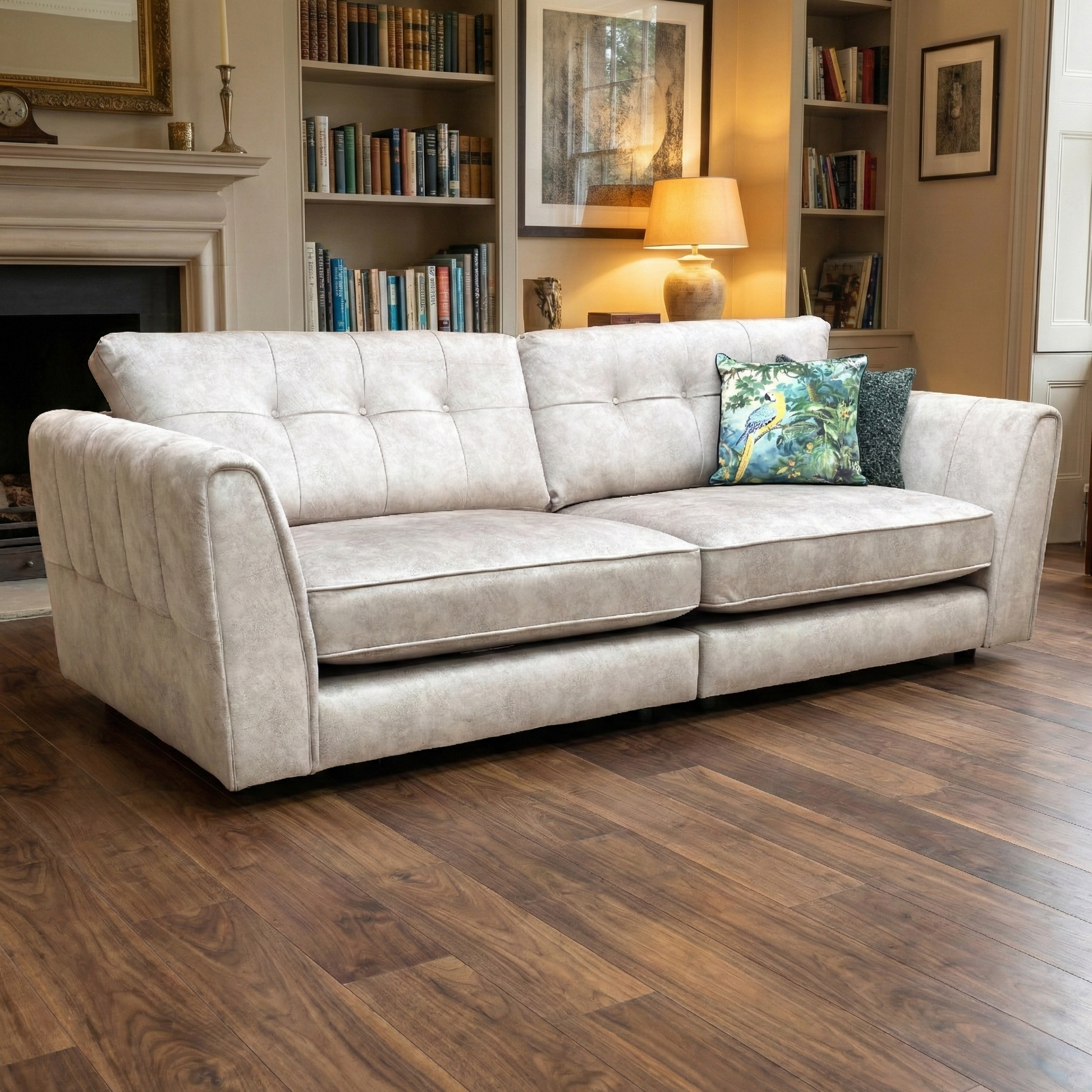 Living Room view of the 4-seater velvet sofa highlighting the deep, roomy seating and classic back design.