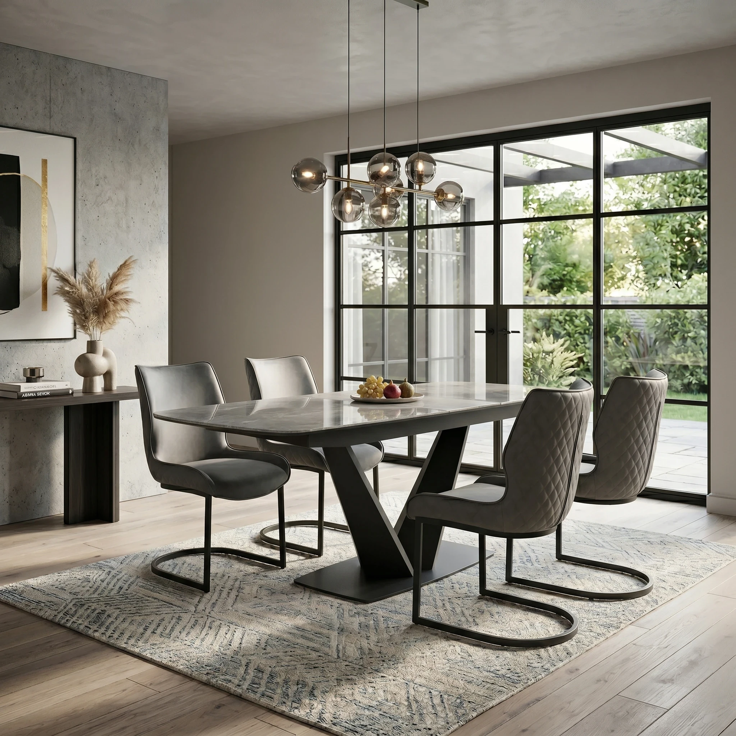 ‘Cupra' Grey Ceramic Top 180cm Large Pop Up Extending Dining Table with Charcoal Grey Faux Leather Cantilever Set of 4 Dining Chairs