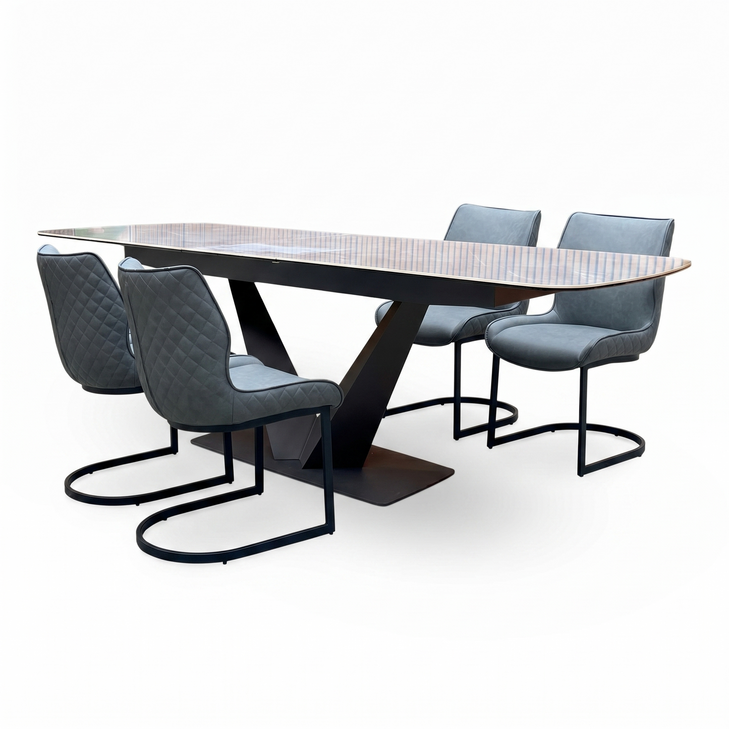 ‘Cupra' Grey Ceramic Top 180cm Large Pop Up Extending Dining Table with Charcoal Grey Faux Leather Cantilever Set of 4 Dining Chairs