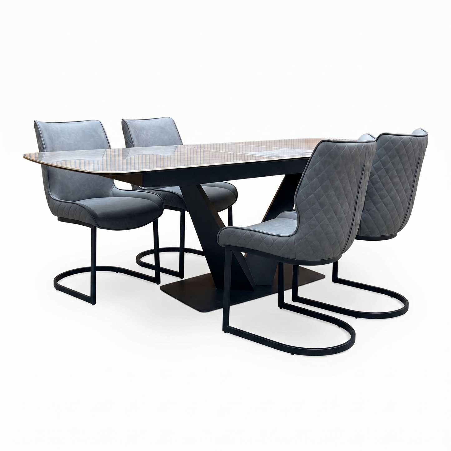 ‘Cupra' Grey Ceramic Top 180cm Large Pop Up Extending Dining Table with Charcoal Grey Faux Leather Cantilever Set of 4 Dining Chairs