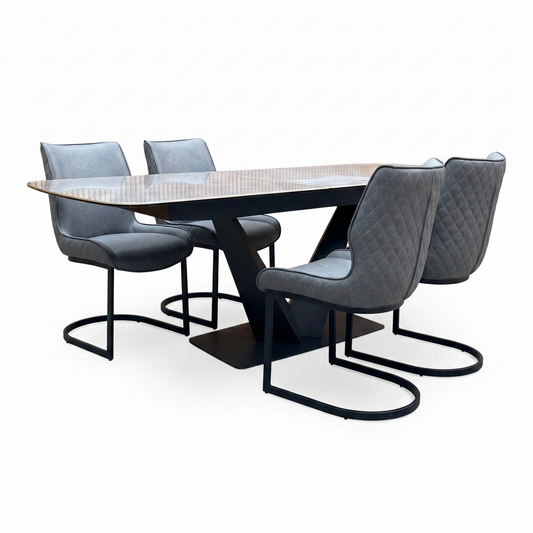 ‘Cupra' Grey Ceramic Top 180cm Large Pop Up Extending Dining Table with Charcoal Grey Faux Leather Cantilever Set of 4 Dining Chairs