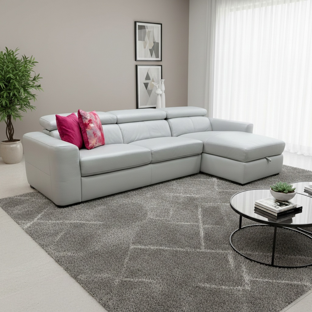Living Room view of the grey leather corner sofa, highlighting the spacious right-hand chaise lounge