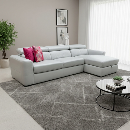 Living Room view of the grey leather corner sofa, highlighting the spacious right-hand chaise lounge