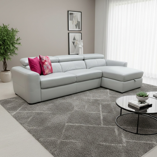 Living Room view of the grey leather corner sofa, highlighting the spacious right-hand chaise lounge