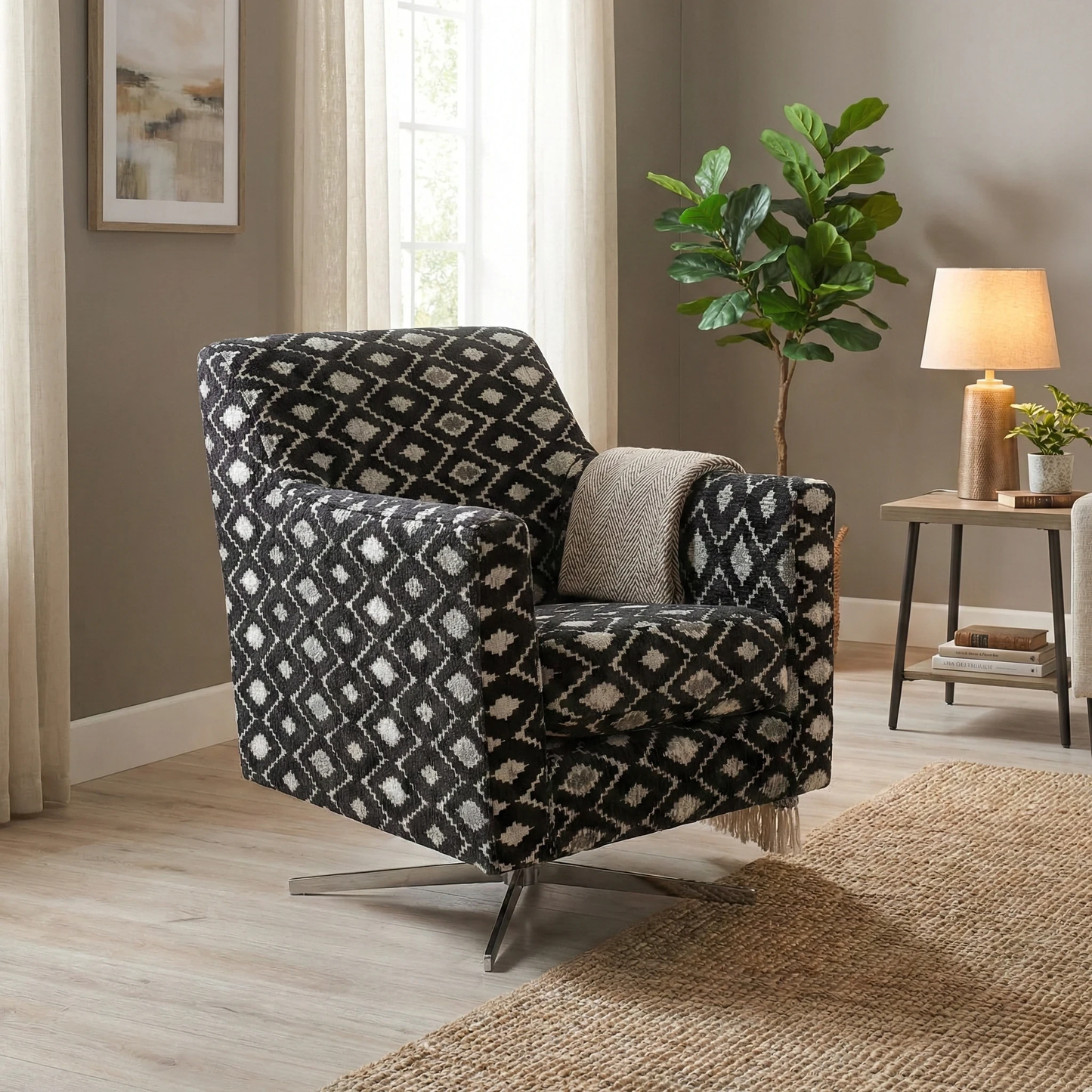 showcasing the ‘Vera’ diamond pattern swivel chair in a modern living room.