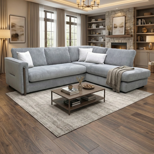 showcasing the ‘Barney’ Steel Grey corner sofa in a contemporary living room setting.